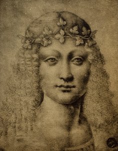 Hodet til en jente eller en ung Bacchus; tegning av Leonardo da Vinci. Gallerie dell