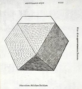Solid Hexaedron, illustrasjon fra 'Divine Proportion' av Luca Pacioli (ca. 1445-1517), opprinnelig pub. Venezia, 1509 av Leonardo da Vinci