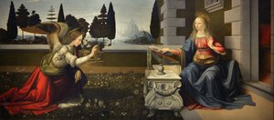 Italia Toscana Firenze, Uffizi-galleriet: Bebudelsen, maleri av Leonardo da Vinci (1452-1519), Olje på tre, ca. 1472-1475, 98x217 cm av Leonardo da Vinci