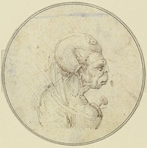Karikatur av en gammel kvinne, brystbilde med en rose i brystet, sett i profil mot høyre av Leonardo da Vinci
