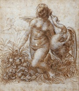 Leda og svanen (penn og brunt blekk over svart kritt på papir) av Leonardo da Vinci