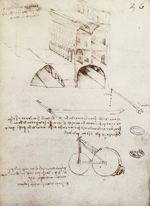 Manuskript B, f 36 r Arkitektstudier, utvikling og deler av bygninger i by med hevede gater (penn og blekk på papir) av Leonardo da Vinci