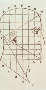 Proporsjonsstudie av menneskets hode av Leonardo da Vinci