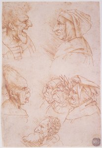Syv studier av groteske ansikter (rødt kritt på papir) av Leonardo da Vinci