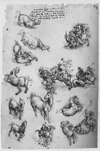 Ark med studier av hester, en katt og av St. George og dragen, c1480 1945 av Leonardo da Vinci