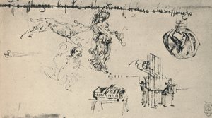 Ark med studier med en ung kvinne, en ulv, etc., c1480 1945 av Leonardo da Vinci