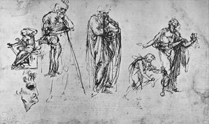 Studier av enkeltfigurer og av en profil, c1480 1945 av Leonardo da Vinci