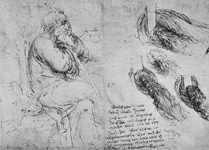 Studier av en gammel mann som sitter og av virvlende vann, c1480 1945 av Leonardo da Vinci
