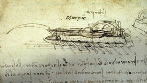Studie for en krigsmaskin Escorpio av Leonard de Vinci (Leonardo da Vinci) (1452 - 1519). Tegning med penn og blekk. av Leonardo da Vinci