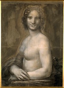 Studie av kvinnelig naken sannsynligvis Mona Lisa Bust denude antar Mona Lisa (eller Monna Lisa). Tegning på brunt papir med svart stein fra skolen til Leonard de Vinci (Leonardo da Vinci) (1452-1519) Dim. 0,72 X 0,54 m. Chantilly, Conde-museet