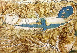 Topografisk utsikt over landsbygda rundt Arezzo-sletten og Val di Chiana, tidlig på 1500-tallet av Leonardo da Vinci