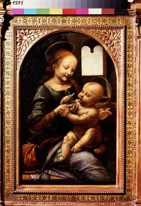 Jomfru og barn med blomst eller Madonna Benois (Madonna med en blomst eller Madonna Benois). Maleri av Leonardo da Vinci (Leonardo da Vinci av Leonardo da Vinci