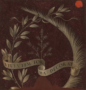 Krans av laurbær, palme og einer med en rullepåskrevet Virtutem Forma Decorat [revers] av Leonardo da Vinci