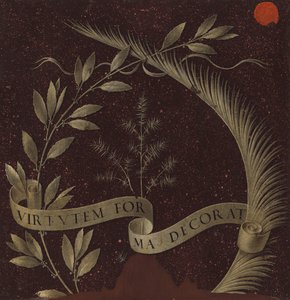 Krans av laurbær, palme og einer med en rullepåskrevet Virtutem Forum Decorat (omvendt) av Leonardo da Vinci
