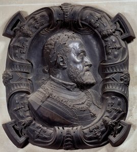 Profilportrett av keiser Karl V (1500-1558)”” Relieff i skulpturert bronse av Leone Leoni (1509-1590). Paris, Louvre-museet