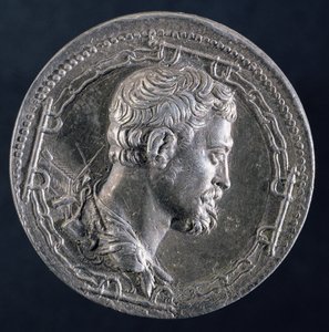 Baksiden av medaljongen til Andrea Doria som viser kunstneren omgitt av lenker til en straffedømt og med en bysse i bakgrunnen, ca. 1541 (sølv) (se 122337 for forsiden)