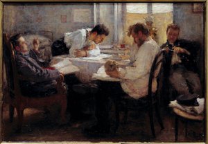 På tampen av eksamen Studenter gjennomgår eksamen. Maleri av Leonid Osipovich Pasternac (1862-1945) 1895 Søn. 0,39x0,55 m Paris, musee d'Orsay OBS! Bruk av dette verket kan være underlagt en tredjeparts autorisasjonsforespørsel eller tilleggsgebyrer av Leonid Osipovic Pasternak