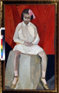 ""La petite fille sur un cube"" Peinture de Leonid Terentievich Chupyatov (Chupiatov) (1890-1941) 1920 environ Collection privee av Leonid Terentlevich Chupyatov