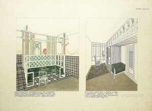 Barnerom og gjesterom, ca. 1901 (farge litho) av Leopold (after) Bauer