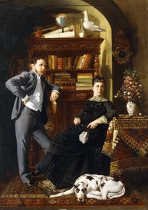 Et par i et interiør med en hund av Leopold Bara