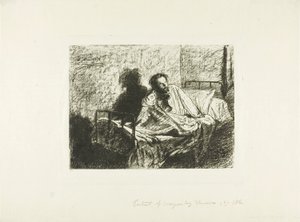 Portrett av Charles Meryon som sitter oppe i sengen av Leopold Flameng