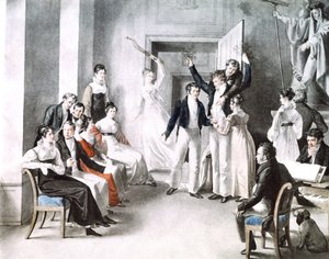 Musikalsk møte mellom Schubertianere. Schubert sitter i stolen til høyre. Akvarell av Kupelniesen