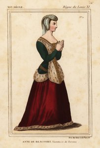 Anne Rogier de Beaufort, Viccountess de Turenne 1435-1479. Håndfarget litografi etter et rustfritt glassvindu i kirken Cordelieres de Nantes i Roger de Gaignieres #39;portefølje VI 11 fra Le Bibliophile Jacob aka Paul Lacroix#39;s Costumes Historiqu av Leopold Massard