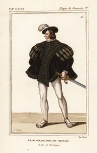 Frans III, hertug av Bretagne 1518-1536. Francois, wienerdelfinen og hertugen av Bretagne. Håndfarget litografi av JB Gautier etter et portrett i Roger de Gaignieres#39; Portfolio VIII 14 fra Le Bibliophile Jacob aka Paul Lacroix#39;s Costumes Historique d