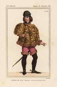 Pierre de Giac, kammerherre til kong Charles VII fra 1377-1426. Henrettet ved drukning ved Dun-Le-Roi. Han har på seg en kort cassock med mahoitre-ermer, rosa pantalons og støvler med sporer. Håndkolorert litografi etter en miniatyr i et manuskript Histoir