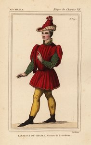 Tanneguy IV du Chatel, Viscount de la Belliere, Grand Master of Hotel of Francis II, Duke of Bretagne, d. 1477. Håndkolorert litografi etter en figur i et billedvev som viser Esther og Mordekai i Roger de Gaignieres#39; portefølje VI 132 fra Le Bibliophile av Leopold Massard