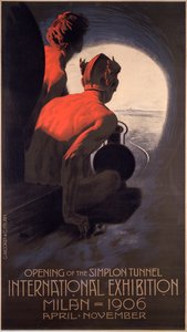 Plakat utgitt for The Milan International, en verdensmesse som markerer åpningen av Simplon-tunnelen