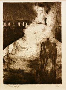 L.Ury, nattlige inntrykk (med førerhus foran damplokomotiv) av Lesser Ury