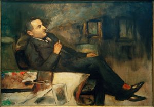 Lesser Ury røyker i studio (selvportrett) av Lesser Ury