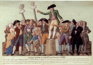 Første scene av den franske revolusjonen i Paris: 12.07.1789, etter kongens avskjedigelse av Jacques Necker, plagede Camille Desmoulins mengden ved Palais Royal og ba om et opprør mot regjeringen. Bystene av Jacques Necker og Louis Phil av Lesueur Brothers