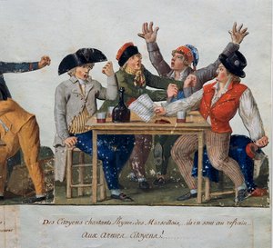 Fransk revolusjon: "" Innbyggere som synger hymnen til Marseille: med armer Borgere ..."" Den ikke-truse som kan brukes på et vertshus synger Marseillaise. Gravering av brødrene Lesueur (1700-tallet). Musée Carnavalet, Paris
