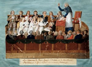 Fransk revolusjon: "" borgere i Paris tilbyr smykkene sine til nasjonalkonvensjonen"" Illustrasjon des Freres Lesueur (1700-tallet). 1792-1795. Paris, musee Carnavalet - Engelsk revolusjon - Innbyggerne i Paris donerer smykkene sine til Nati av Lesueur Brothers