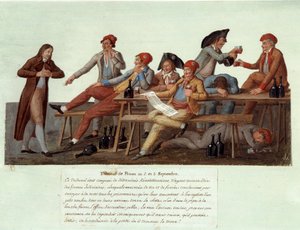 Fransk revolusjon av 1789: "" En fengselsdomstol 2. og 3. september"" Satirisk representasjon av en revolusjonær domstol, medlemmene har ingen jurisdiksjon i rettssaker og dømme saker ved å drikke vin og røyke. Gouache des freres Lesueu