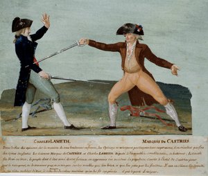 Fransk revolusjon: duell mellom Charles Lameth (1757-1832), stedfortreder ved den konstituerende forsamlingen, og markisen de Castries (1756-1842), adelens stedfortreder 12. november 1790. Sistnevnte såret Lameth og jakobinernes folkemengde raste hotellet  av Lesueur Brothers