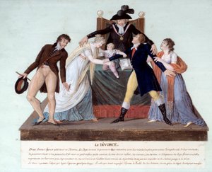 Republikansk skilsmisse: en scene for forsoning på tidspunktet for den franske revolusjonen mellom to koner som skulle skilles, den utro ektemannen skyver elskerinnen sin tilbake mens kona klemte barnet deres. 18. århundre. Gouache des freres Lesueur, Muse