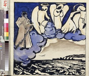 ""Krigen. Russland. 1914"" Allegori om første verdenskrig. En soldat og engler. Penn og gouache av Lev Bruni (1894-1948) 1914 Statens museum for historie, arkitektur og kunst, Rybinsk, Russland av Lev Aleksandrovitc Bruni
