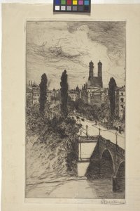 Maximiliam Street og Frauenkirche, München, Bayern (radering)