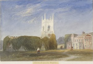 Okeover kirke - "All Saints": akvarellmaling, og [c 1830-1840] av Lewis John Wood