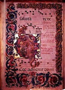Side med musikk med en historisk initial G som viser tilbedelsen av magiene, fra en antifonal, ca. 1473-79 av Liberale da Verona