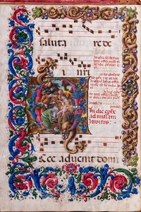 Piccolomini bibliotek: korbok, torsk. 19.4, ff. 9v med "Adoration of the Magi", av Liberale da Verona (ca. 1445 - 1527/9).