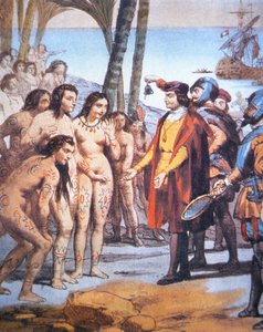 Christopher Columbus lander i den nye verden i 1492 og blir møtt av Taino-indianere (farge litho) av Unbekannt Unbekannt