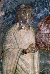 Freskekjøper av kirken Agia Anna, holder modell av kirken, freskomaleri fra 1642, Anisaraki, Kreta, Hellas av Unbekannt Unbekannt