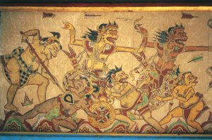 Fresker som viser scener av kamper mellom guder og demoner, Kertha Gosa-paviljongen, Klungkung-palasset (Puri Agung Semarapura), Semarapura, Bali, Indonesia av Unbekannt Unbekannt