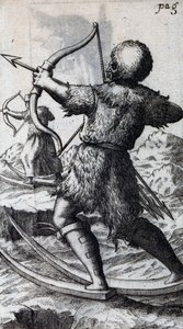 Jeger med pil og bue på korte ski, illustrasjon fra De Calceo Antiquo, av B Balduinus av Unbekannt Unbekannt