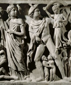 Marmorsarkofag, Relieff som skildrer Prometheus-myten, Detalj, Hermes og en av Parcae eller skjebner, Fra Arles av Unbekannt Unbekannt