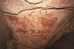 Maleri som skildrer jaktscener, Sahara bergkunst, Enneri Tougwi, Tibesti, Chad av Unbekannt Unbekannt